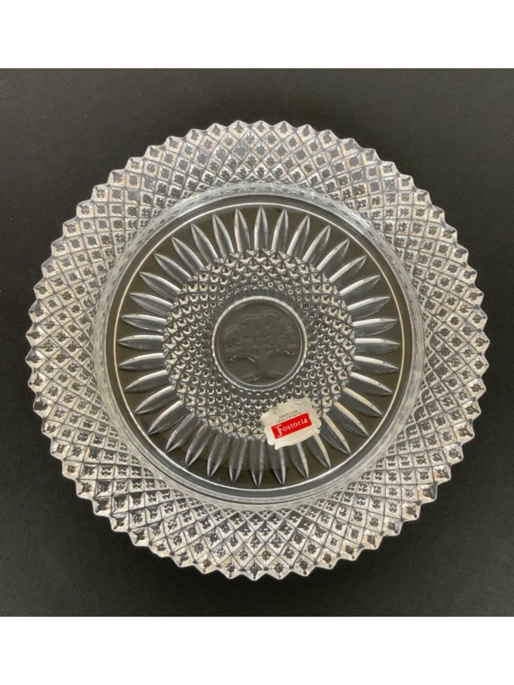 Fostoria Avon Lead Crystal Luncheon Plate Mighty Oak Tree Design Vintage 1970s
